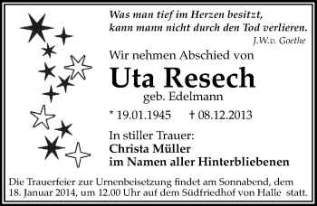Traueranzeige von Uta Resech von Mitteldeutsche Zeitung Halle/Saalkreis