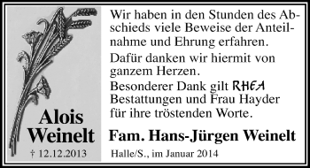 Traueranzeige von Alois Weinelt von Mitteldeutsche Zeitung Halle/Saalkreis