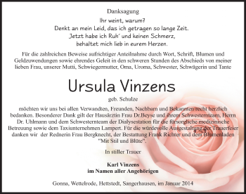 Traueranzeige von Ursula Vinzens von Mitteldeutsche Zeitung Sangerhausen