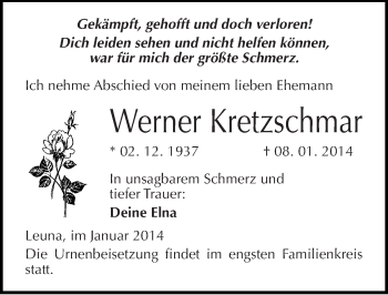Traueranzeige von Werner Kretzschmar von Mitteldeutsche Zeitung Merseburg/Querfurt