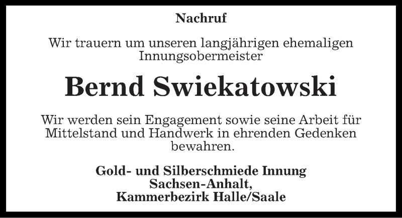  Traueranzeige für Bernd Swiekatowski vom 11.01.2014 aus Mitteldeutsche Zeitung Weißenfels