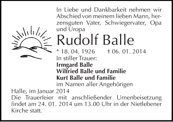 Traueranzeige von Rudolf Balle von Mitteldeutsche Zeitung Halle/Saalkreis