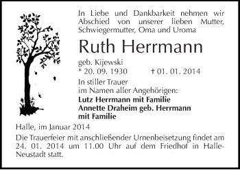 Traueranzeige von Ruth Herrmann von Mitteldeutsche Zeitung Halle/Saalkreis