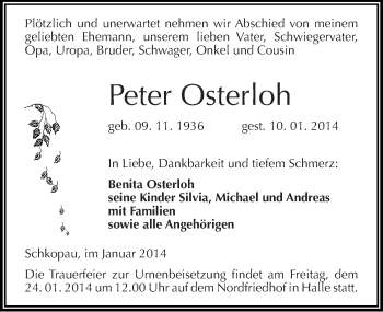 Traueranzeige von Peter Osterloh von Mitteldeutsche Zeitung Merseburg/Querfurt