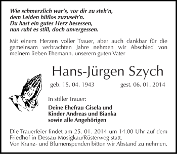 Traueranzeige von Hans-Jürgen Szych von Mitteldeutsche Zeitung Dessau-Roßlau
