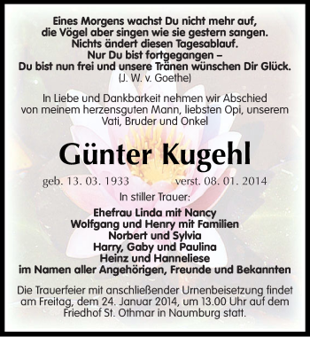 Traueranzeige von Günter Kugehl von Mitteldeutsche Zeitung Naumburg/Nebra