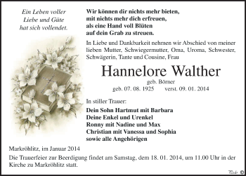 Traueranzeige von Hannelore Walther von Mitteldeutsche Zeitung Weißenfels