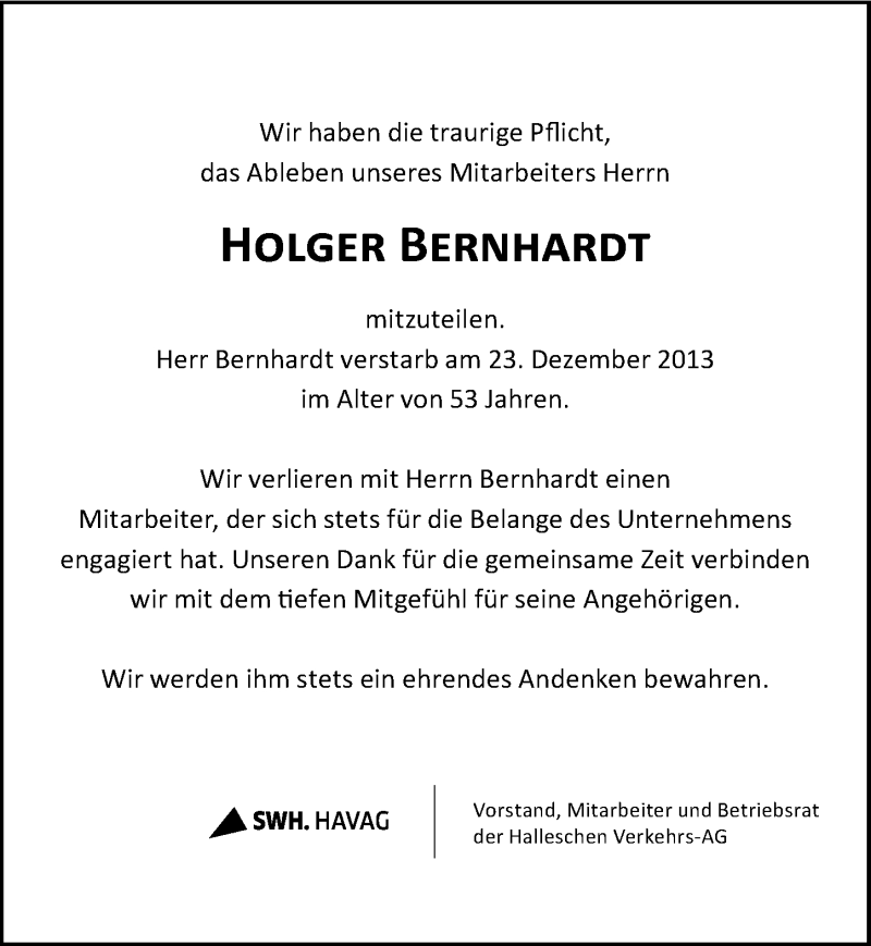  Traueranzeige für Holger Bernhardt vom 11.01.2014 aus Mitteldeutsche Zeitung Halle/Saalkreis