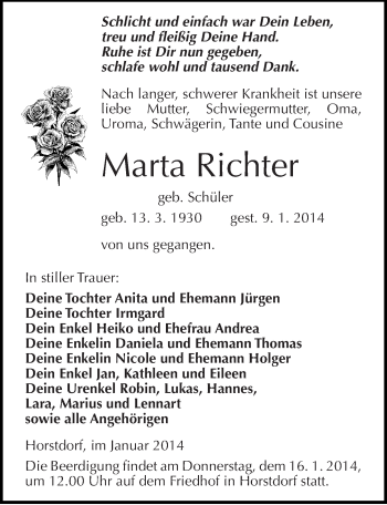 Traueranzeige von Marta Richter von Mitteldeutsche Zeitung Wittenberg