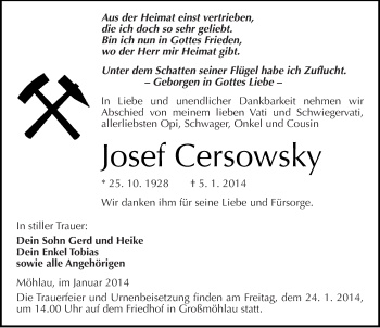 Traueranzeige von Josef Cersowsky von Mitteldeutsche Zeitung Wittenberg