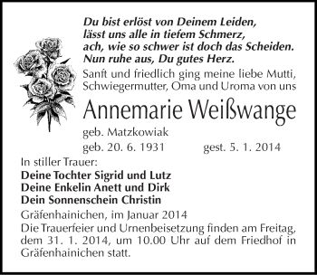 Traueranzeige von Annemarie Weißwange von Mitteldeutsche Zeitung Wittenberg