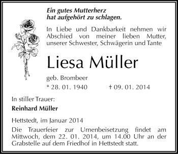 Traueranzeige von Liesa Müller von Mitteldeutsche Zeitung Mansfelder Land