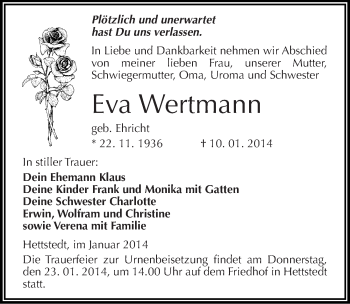 Traueranzeige von Eva Wertmann von Mitteldeutsche Zeitung Mansfelder Land