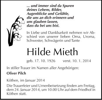 Traueranzeige von Hilde Mieth von Mitteldeutsche Zeitung Köthen