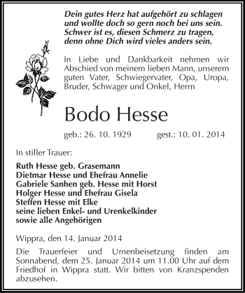 Traueranzeige von Bodo Hesse von Mitteldeutsche Zeitung Mansfelder Land