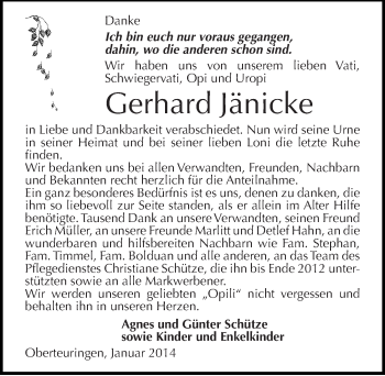 Traueranzeige von Gerhard Jänicke von Mitteldeutsche Zeitung Weißenfels