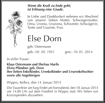 Traueranzeige von Else Dorn von Mitteldeutsche Zeitung Mansfelder Land