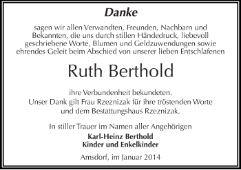 Traueranzeige von Ruth Berthold von Mitteldeutsche Zeitung Mansfelder Land