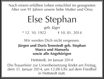 Traueranzeige von Else Stephan von Mitteldeutsche Zeitung Mansfelder Land