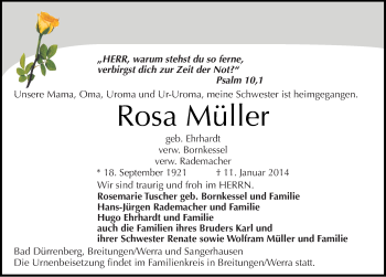 Traueranzeige von Rosa Müller von Mitteldeutsche Zeitung Sangerhausen