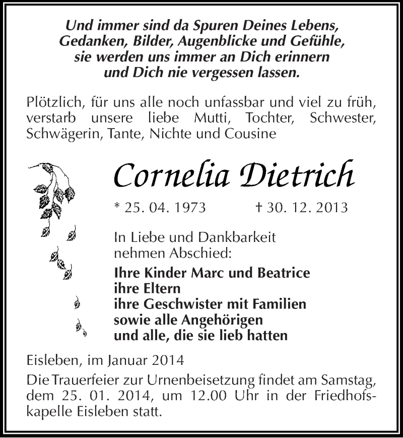  Traueranzeige für Cornelia Dietrich vom 18.01.2014 aus Mitteldeutsche Zeitung Mansfelder Land