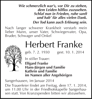 Traueranzeige von Herbert Franke von Mitteldeutsche Zeitung Sangerhausen