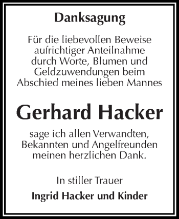 Traueranzeige von Gerhard Hacker von Mitteldeutsche Zeitung Halle/Saalkreis