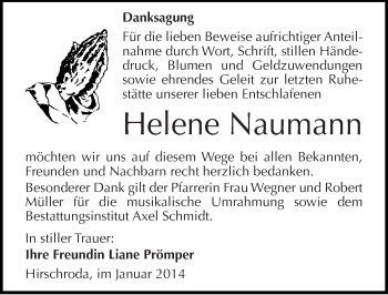 Traueranzeige von Helene Naumann von Mitteldeutsche Zeitung Naumburg/Nebra