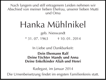 Traueranzeige von Hanka Mühlnikel von Mitteldeutsche Zeitung Köthen