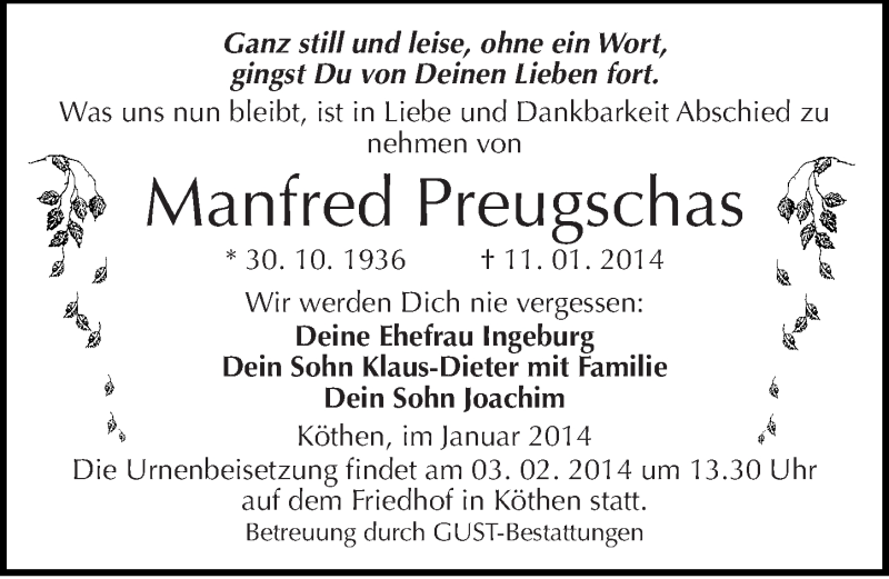  Traueranzeige für Manfred Preugschas vom 18.01.2014 aus Mitteldeutsche Zeitung Köthen