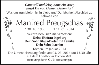 Traueranzeige von Manfred Preugschas von Mitteldeutsche Zeitung Köthen