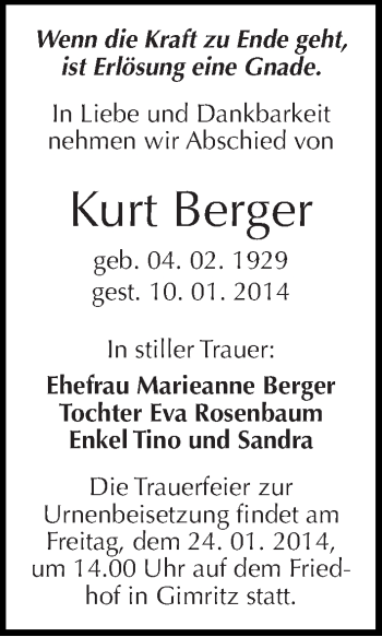 Traueranzeige von Kurt Berger von Mitteldeutsche Zeitung Halle/Saalkreis