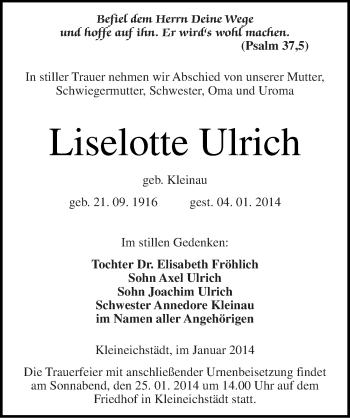 Traueranzeige von Liselotte Ulrich von Mitteldeutsche Zeitung Merseburg/Querfurt