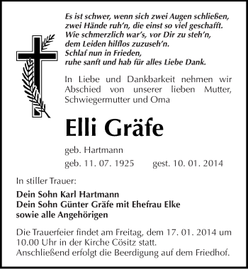 Traueranzeige von Elli Gräfe von Mitteldeutsche Zeitung Köthen