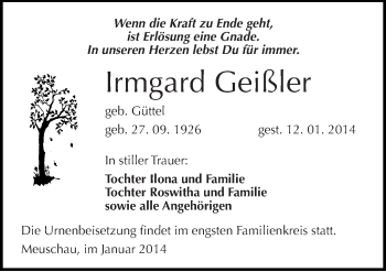 Traueranzeige von Irmgard Geißler von Mitteldeutsche Zeitung Merseburg/Querfurt