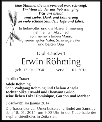 Traueranzeige von Erwin Röhming von Mitteldeutsche Zeitung Zeitz