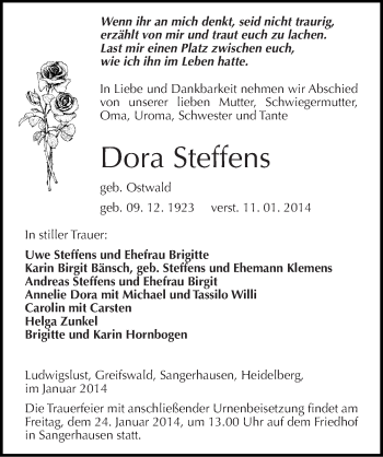Traueranzeige von Dora Steffens von Mitteldeutsche Zeitung Sangerhausen