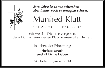 Traueranzeige von Manfred Klatt von Mitteldeutsche Zeitung Merseburg/Querfurt