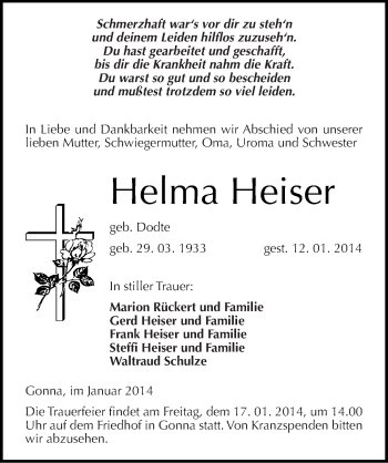 Traueranzeige von Helma Heiser von Mitteldeutsche Zeitung Sangerhausen