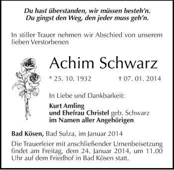 Traueranzeige von Achim Schwarz von Mitteldeutsche Zeitung Naumburg/Nebra