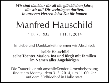 Traueranzeige von Manfred Hauschild von Mitteldeutsche Zeitung Halle/Saalkreis