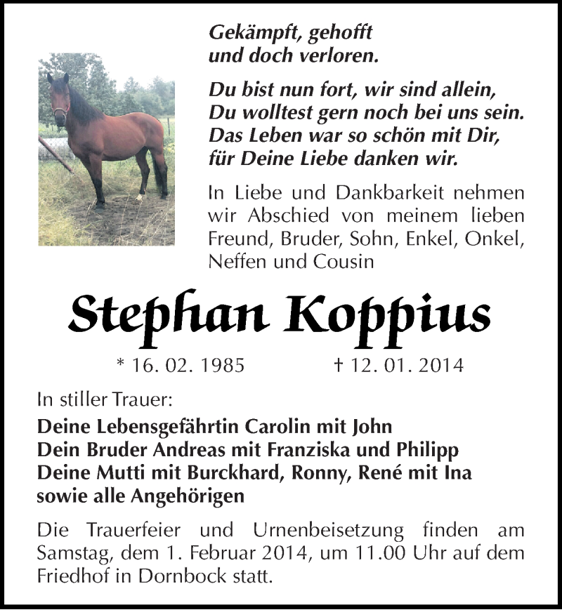  Traueranzeige für Stephan Koppius vom 17.01.2014 aus Mitteldeutsche Zeitung Köthen