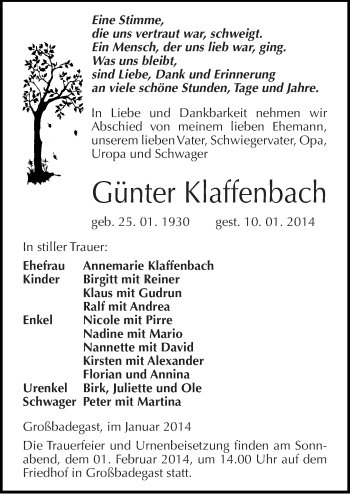 Traueranzeige von Günter Klaffenbach von Mitteldeutsche Zeitung Köthen