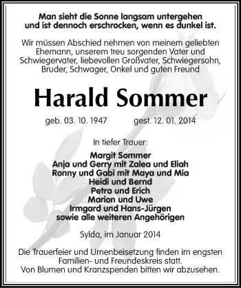 Traueranzeige von Harald Sommer von Mitteldeutsche Zeitung Mansfelder Land