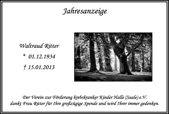 Traueranzeige von Waltraud Ritter von Mitteldeutsche Zeitung Halle/Saalkreis