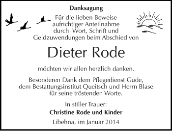Traueranzeige von Dieter Rode von Mitteldeutsche Zeitung Köthen