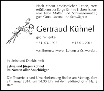 Traueranzeige von Gertraud Kühnel von Mitteldeutsche Zeitung Halle/Saalkreis
