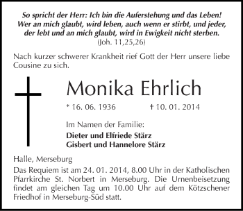 Traueranzeige von Monika Ehrlich von Mitteldeutsche Zeitung Merseburg/Querfurt