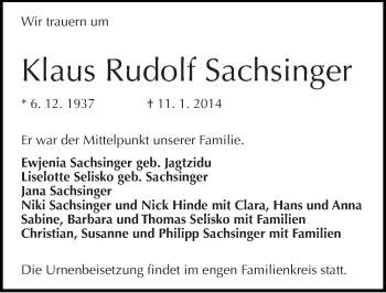 Traueranzeige von Klaus Rudolf Sachsinger von Mitteldeutsche Zeitung Köthen