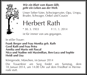 Traueranzeige von Herbert Rath von Mitteldeutsche Zeitung Mansfelder Land